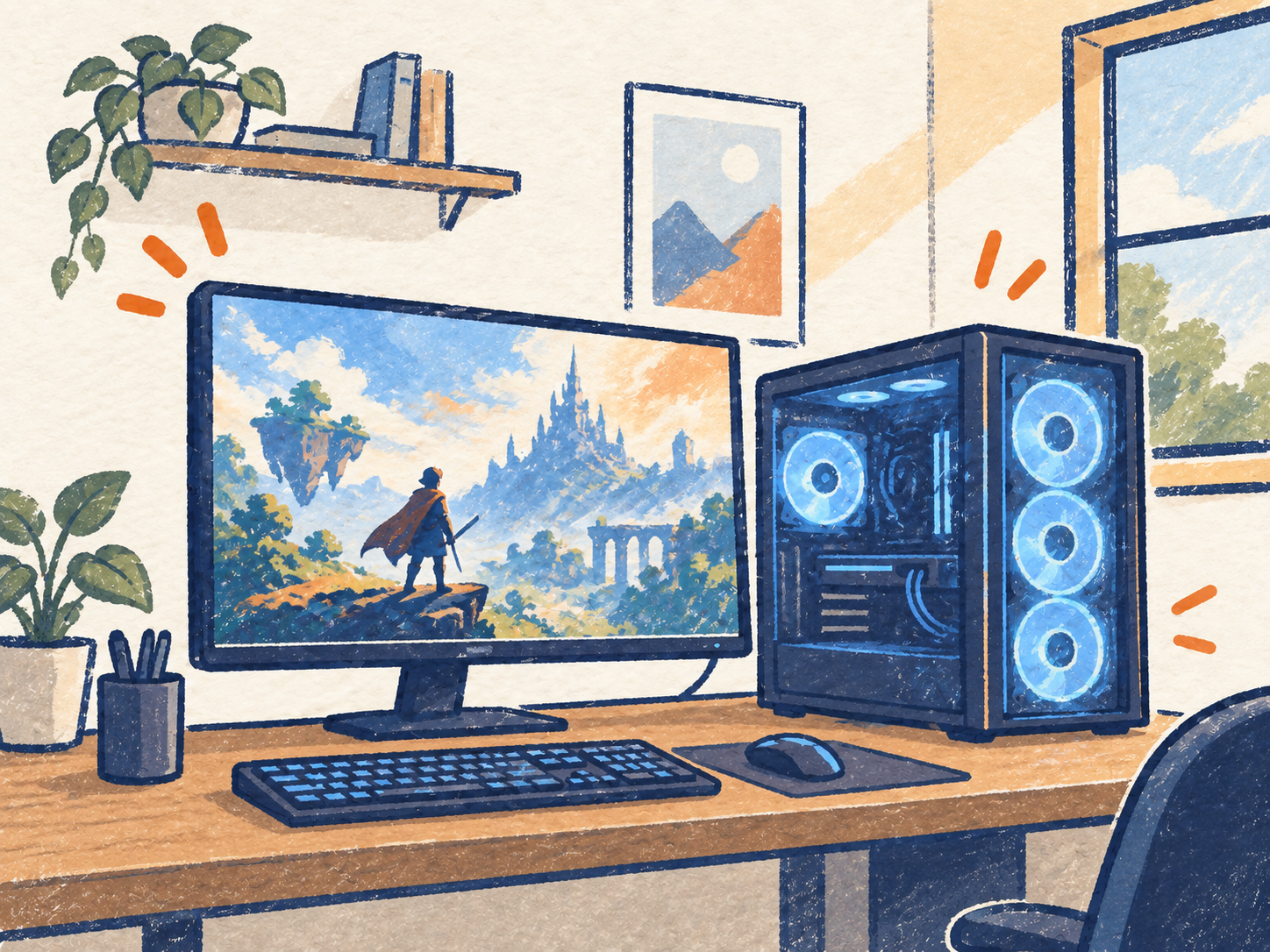 部屋で勢いよく動作するゲーミングPCの挿し絵